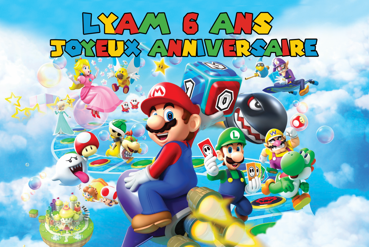 Toile anniversaire Lyam thème Mario pour le 22/07- 150x100